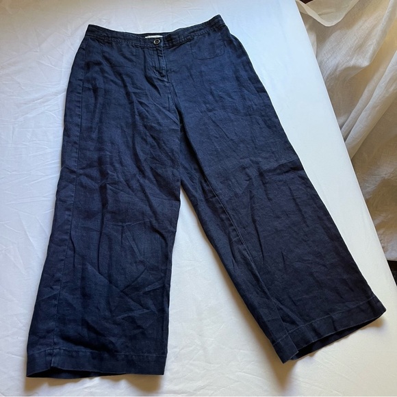 EILEEN FISHER navy blue linen petite wide leg cropped pants